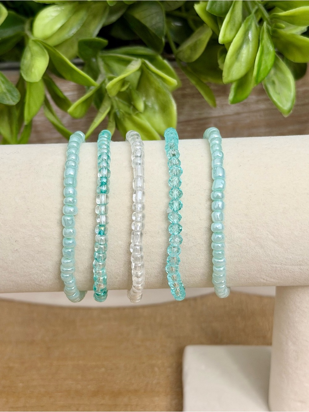 Aqua Glass Bead Stretch Bracelet Set - Women Jewelry
